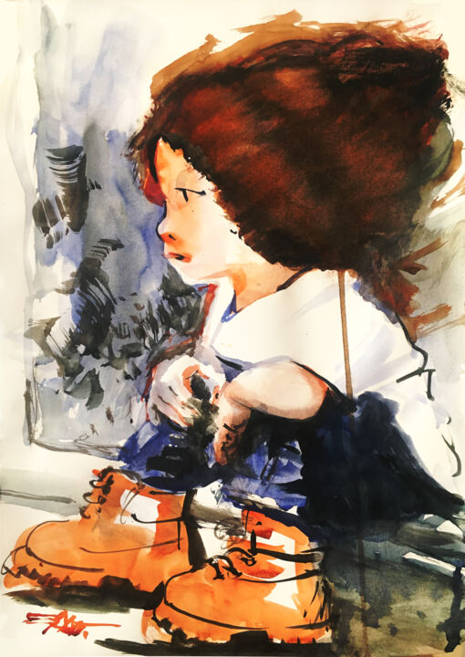 Peinture intitulée "N°649 L'enfant botté" par Alexandre Dumitrescu, Œuvre d'art originale, Aquarelle