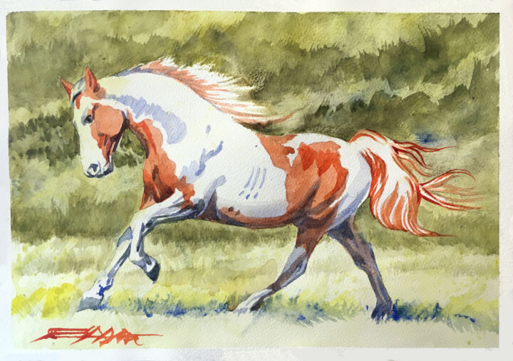 Painting titled "N°733 Paint horse" by Alexandre Dumitrescu, Original Artwork, Watercolor