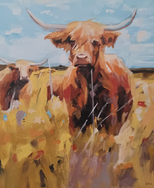 Painting titled "scottish cow" by Alexandre Howden, Original Artwork, Oil Mounted on Wood Stretcher frame