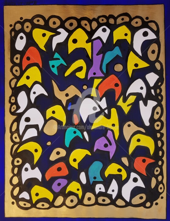 Painting titled "Chats masqués" by Alexandre Lepage, Original Artwork, Acrylic Mounted on Other rigid panel