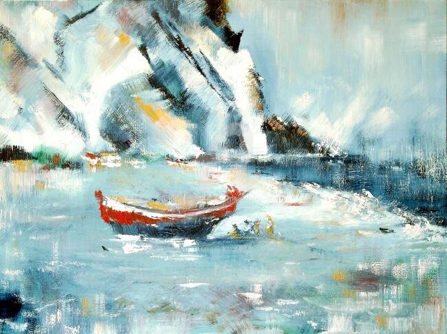 Malerei mit dem Titel "La barque rouge" von Alexandre Lepage, Original-Kunstwerk, Öl