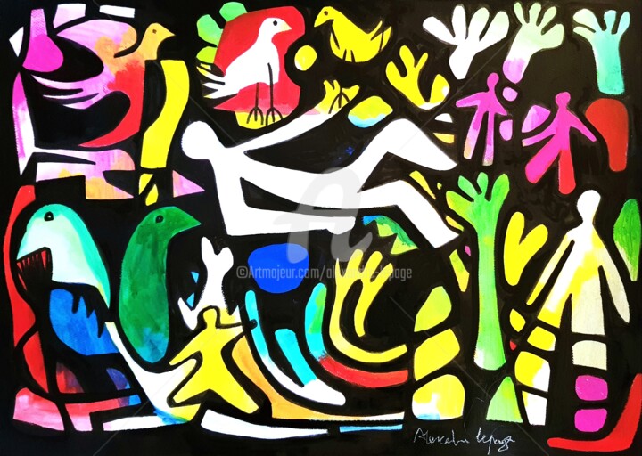 Pintura titulada "Rêve aux oiseaux" por Alexandre Lepage, Obra de arte original, Acrílico