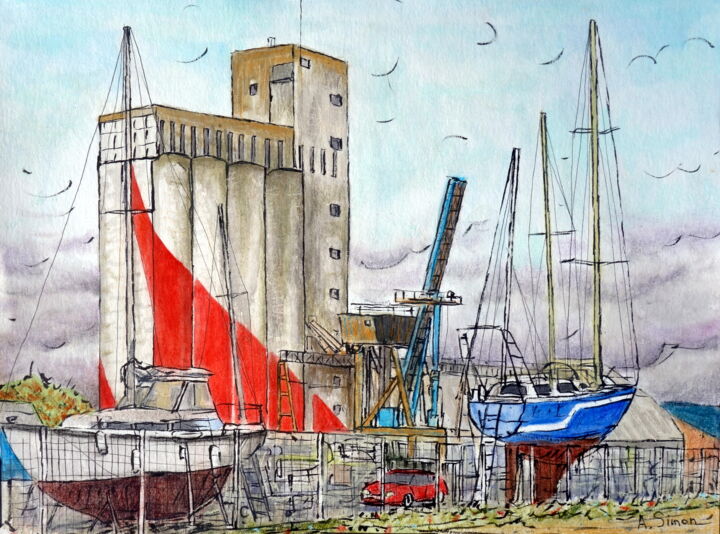 Peinture intitulée "Vue sur le port de…" par Alexandre Simon, Œuvre d'art originale, Aquarelle
