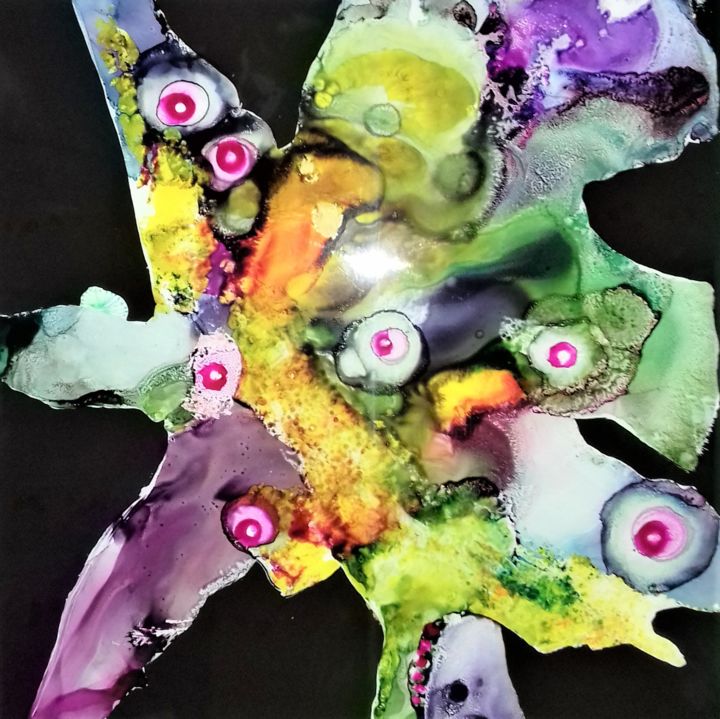 Peinture intitulée "Anémones océanes" par Alexandre H., Œuvre d'art originale, Encre Monté sur Carton