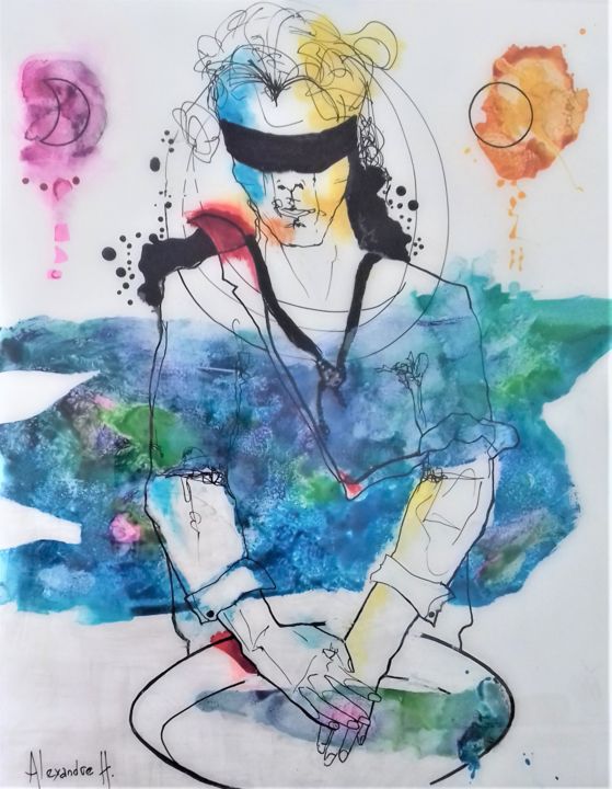 Peinture intitulée "L'épreuve de l'eau" par Alexandre H., Œuvre d'art originale, Encre Monté sur Carton