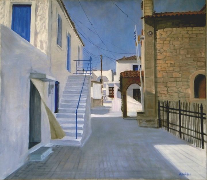 Pintura intitulada "little road in Agis…" por Alexandrides, Obras de arte originais, Óleo