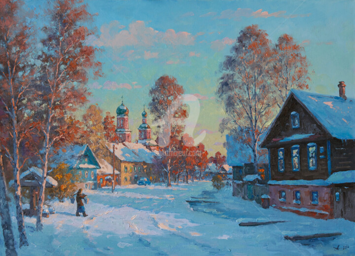 Pittura intitolato "The snowy street" da Alexander Alexandrovsky, Opera d'arte originale, Olio