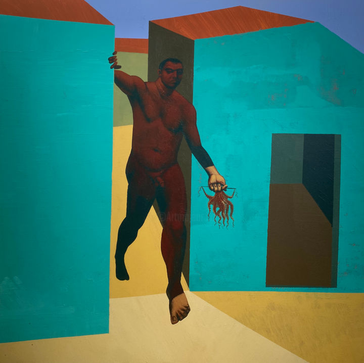 Painting titled "Man in an Empty Ita…" by Alexandru Rădvan, Original Artwork, Acrylic