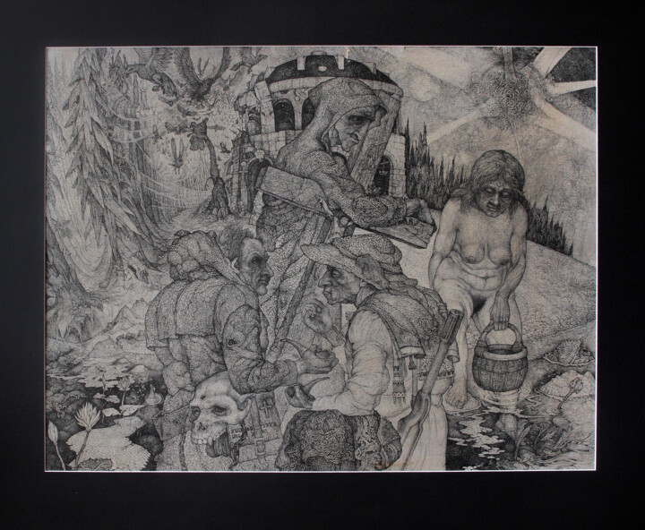 Картина под названием "hunters" - Aleksandrs Sehovcovs, Подлинное произведение искусства, Чернила
