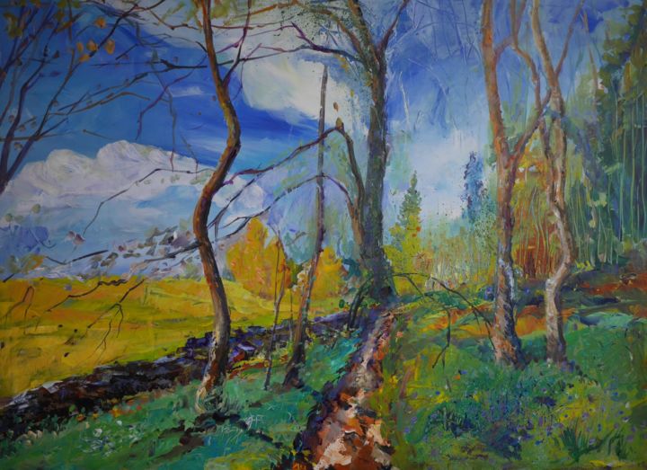 Painting titled "A stroll in the park" by Alexandra Ghimisi, Original Art, Acrylic Mounted on Wood Panel