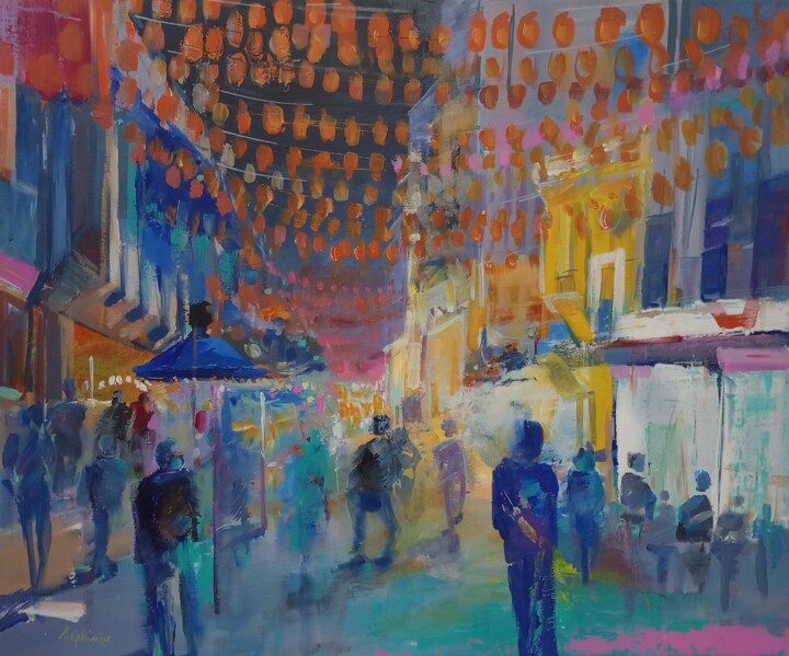 Painting titled "China Town (Red lan…" by Alexandra Ghimisi, Original Artwork, Acrylic
