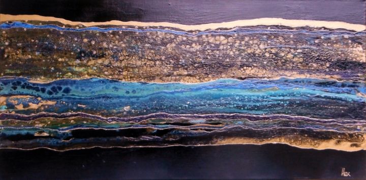 Painting titled "blue and gold on bl…" by Alexandra Simanndani, Original Artwork, Acrylic