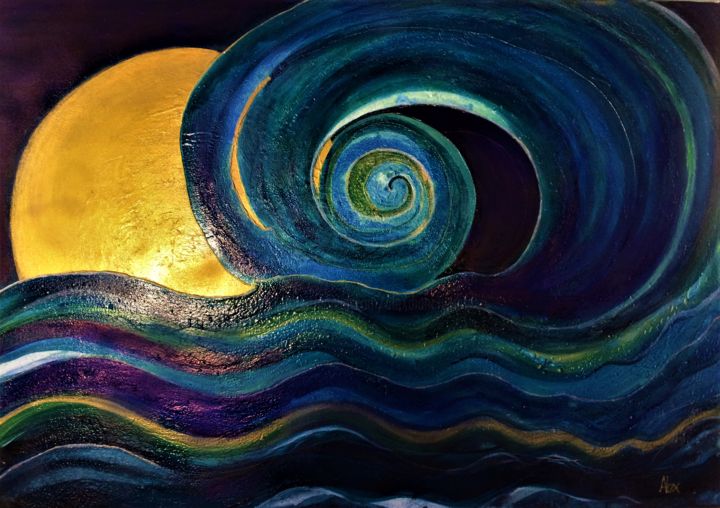 Peinture intitulée "the moon and wave" par Alexandra Simanndani, Œuvre d'art originale, Acrylique