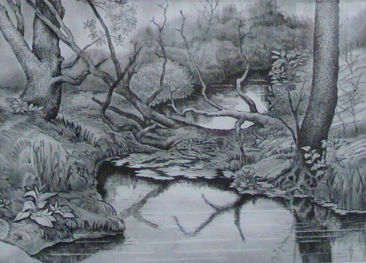 Drawing titled "By the River Seim" by Alexey Antropov, Original Artwork, Graphite