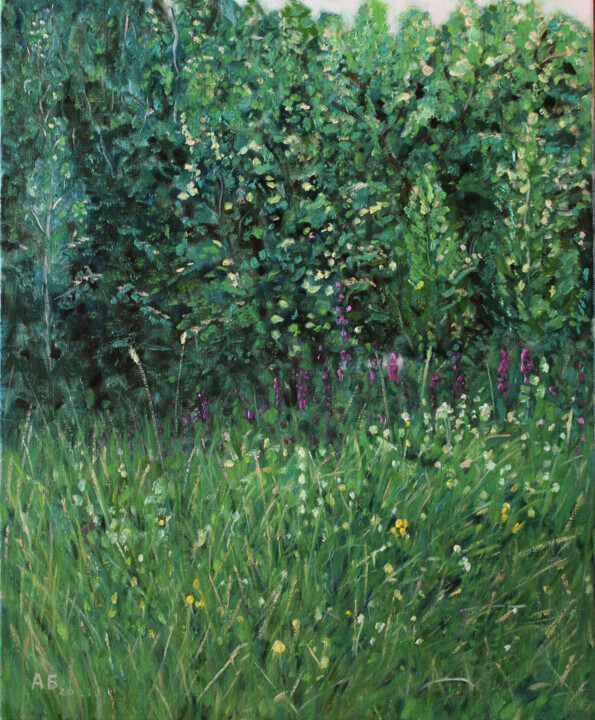 Malarstwo zatytułowany „Forest Edge on a Ju…” autorstwa Alexey Beregovoy, Oryginalna praca, Olej Zamontowany na Drewniana ra…