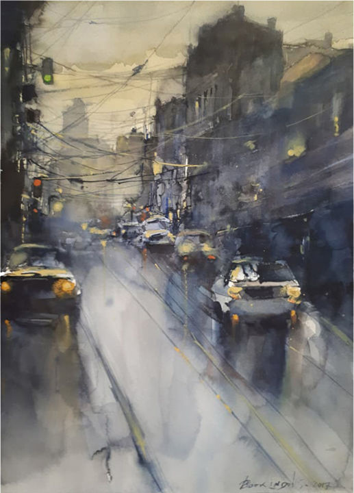 Peinture intitulée "Cityscape-15" par Alexey Boukingolts, Œuvre d'art originale, Aquarelle