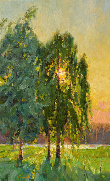 Painting titled "Golden evening" by Alexey Pleshkov, Original Artwork, Oil