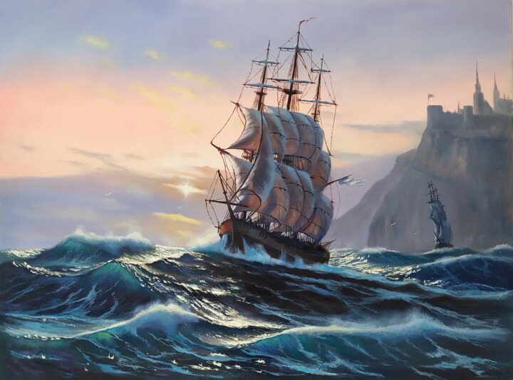 Painting titled "Morning sailing" by Alexey Stadnik, Original Artwork, Oil