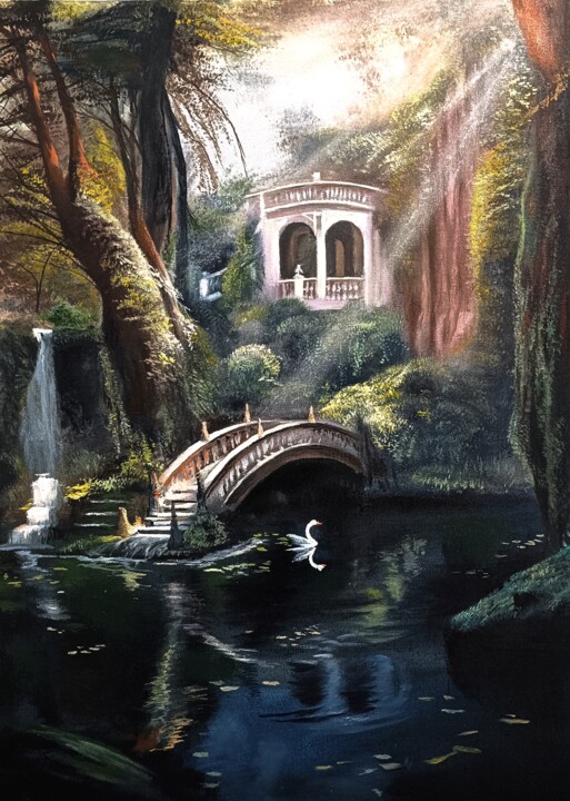 Pintura titulada "Swan lake" por Alexey Stadnik, Obra de arte original, Oleo Montado en Bastidor de camilla de madera