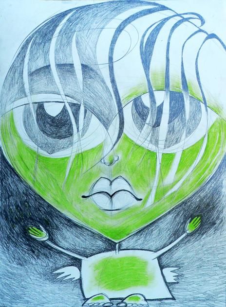 Drawing titled "The green angel" by Sasha, Original Artwork