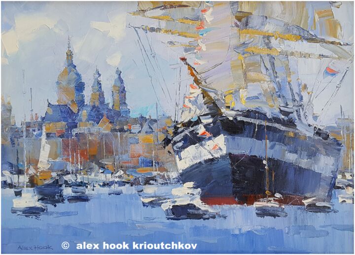 Painting titled "Sail Amsterdam III" by Alex Hook Krioutchkov, Original Artwork, Oil Mounted on Wood Stretcher frame