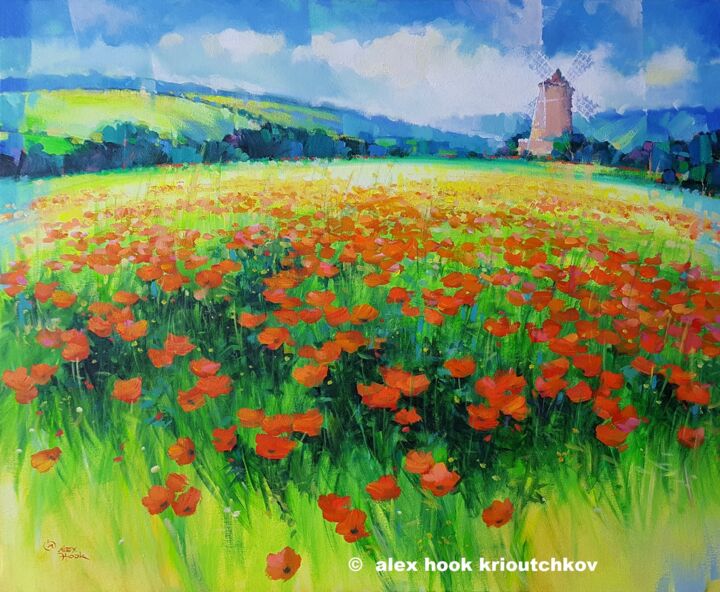 Painting titled "Amapolas IV" by Alex Hook Krioutchkov, Original Artwork, Oil Mounted on Wood Stretcher frame