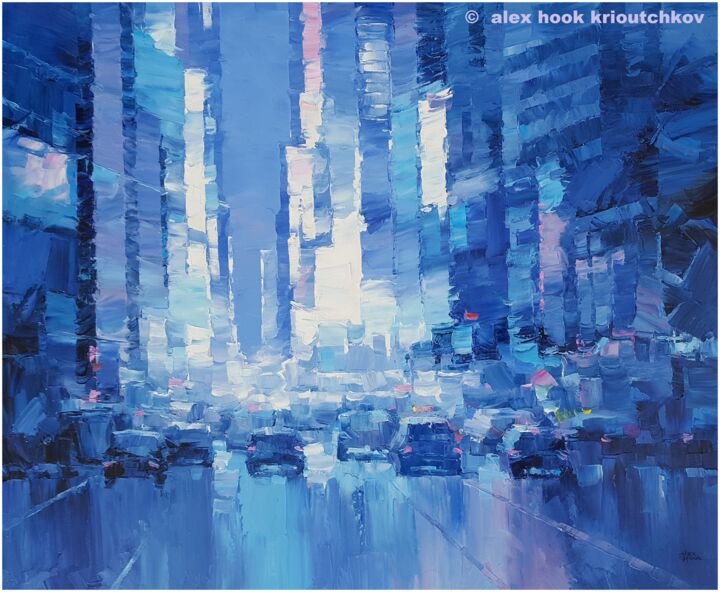 Painting titled "New York at night IV" by Alex Hook Krioutchkov, Original Artwork, Oil Mounted on Wood Stretcher frame