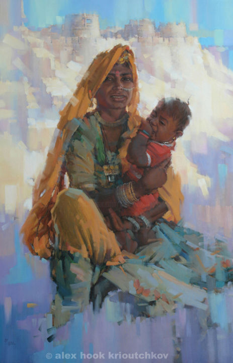 Painting titled "Mother of Jaisalmer…" by Alex Hook Krioutchkov, Original Artwork, Oil