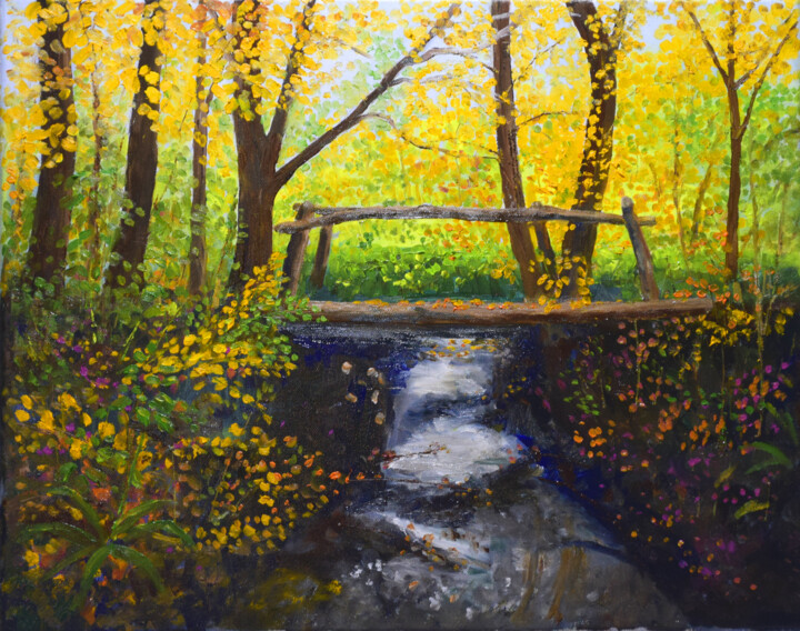 Painting titled "Rustic Footbridge" by Alexis-Baranek Baranek, Original Artwork, Oil