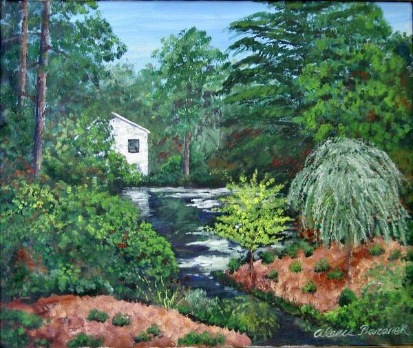 Painting titled "Cottage on the Creek" by Alexis-Baranek Baranek, Original Artwork, Acrylic