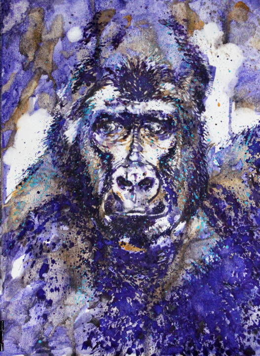 Painting titled "Gorille bleu" by Alexis Boisset, Original Artwork, Watercolor