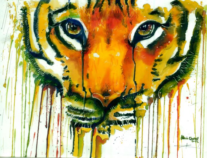 Painting titled "Les larmes du tigre" by Alexis Chomel, Original Artwork, Watercolor