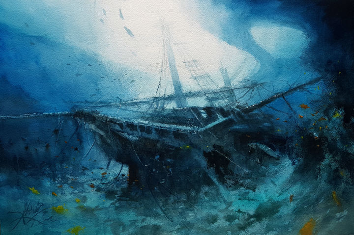 Peinture intitulée "Trésor enfoui" par Alexis Le Borgne, Œuvre d'art originale, Aquarelle