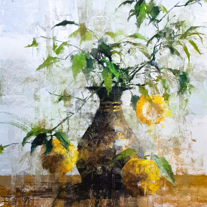 Peinture intitulée "Ikebana aux coings" par Alexis Le Borgne, Œuvre d'art originale, Pastel