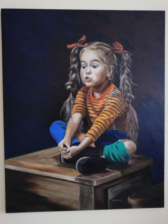 Schilderij getiteld "Pratend meisje" door Alexis Van Gelder, Origineel Kunstwerk, Olie