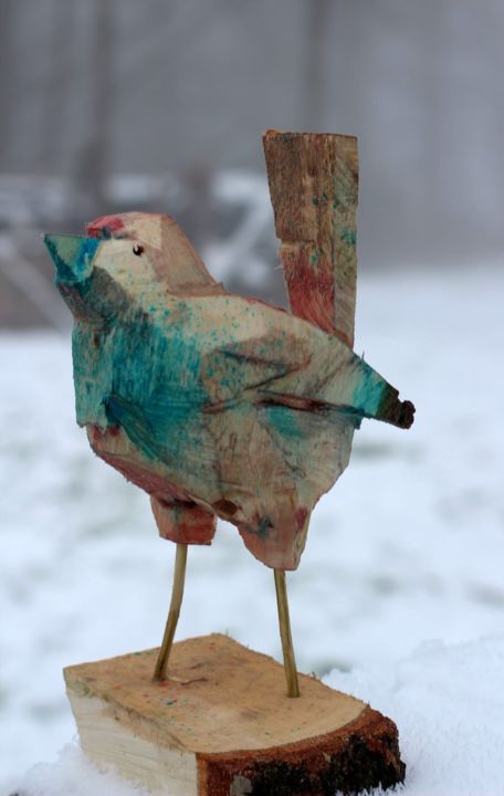 Rzeźba zatytułowany „Kolorowy Ptaszek” autorstwa Alex Johanson, Oryginalna praca, Drewno