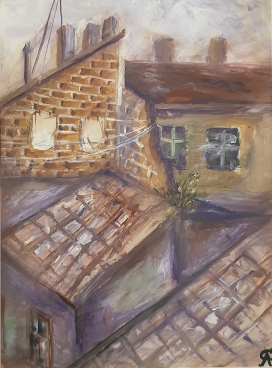 Painting titled "House roofs" by Alexander Struck, Original Artwork, Tempera