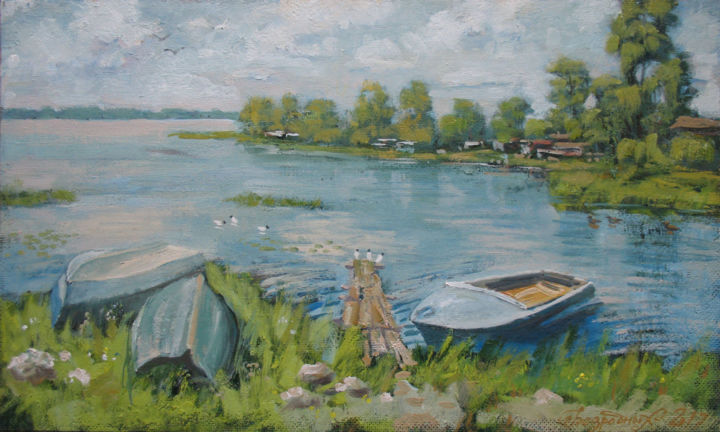 Painting titled "Лодки на берегу" by Alexander Bezrodnykh, Original Artwork, Oil
