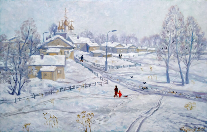 Картина под названием "Зима.деревня" - Alexander Bezrodnykh, Подлинное произведение искусства, Масло