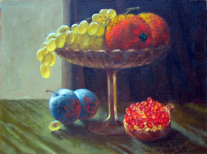 Painting titled "Ваза с виноградом" by Alexander Bezrodnykh, Original Artwork, Oil