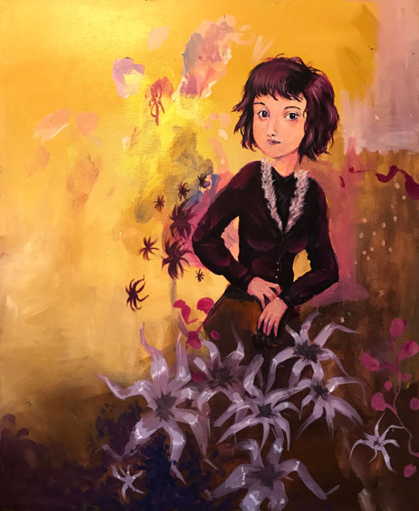 Peinture intitulée "Jeune Femme aux fle…" par Alex Saman, Œuvre d'art originale, Acrylique