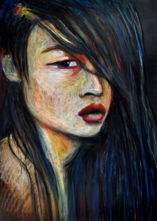 Drawing titled "Japanese Girl in Bl…" by Alex Solodov, Original Artwork, Pastel