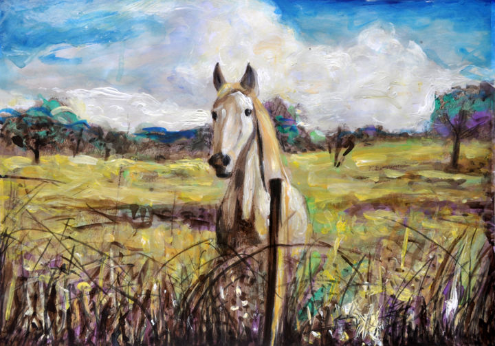 Painting titled "White Horse in Alen…" by Alex Solodov, Original Artwork, Watercolor
