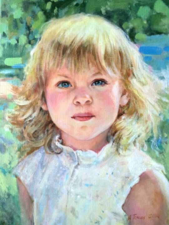 Painting titled "Детский портрет мас…" by Alex Tochin, Original Artwork, Oil