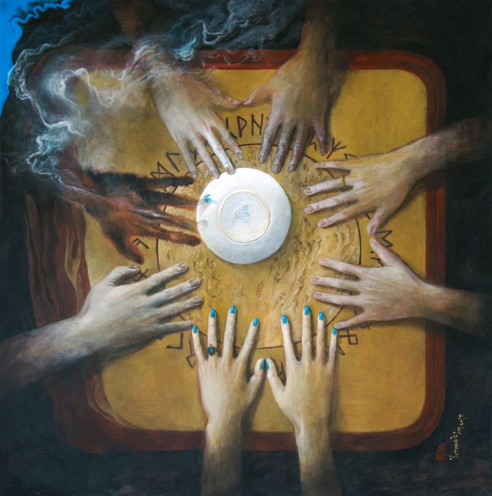 Painting titled "Failed seance" by Alexander Ustinoff, Original Artwork, Tempera