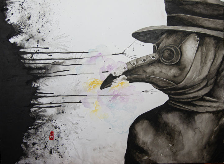 Drawing titled "Plague Doctor" by Alexander Ustinoff, Original Artwork, Watercolor