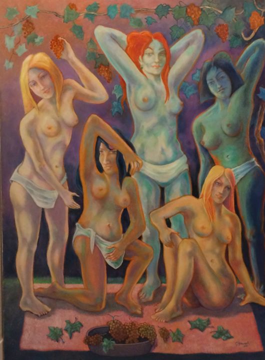 Painting titled "Les demoiselles de…" by Bruneli, Original Artwork, Oil