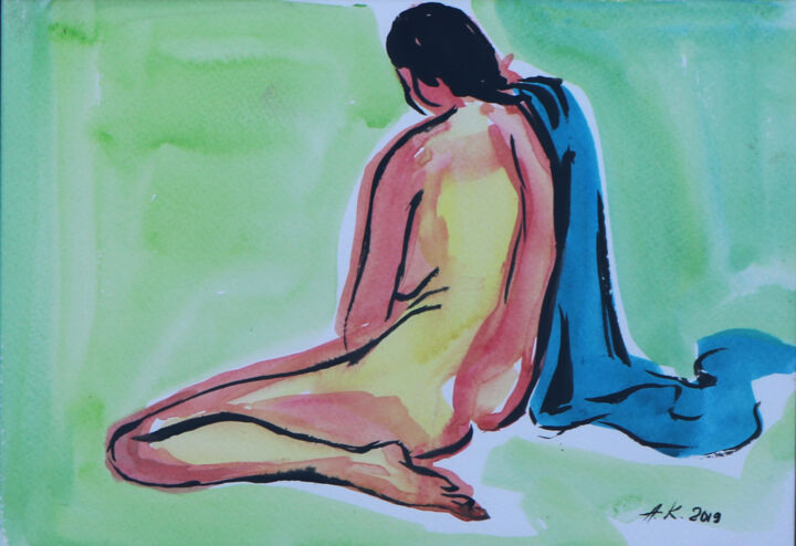 Painting titled "Reclining nude woma…" by Alfia Kircheva, Original Artwork, Watercolor