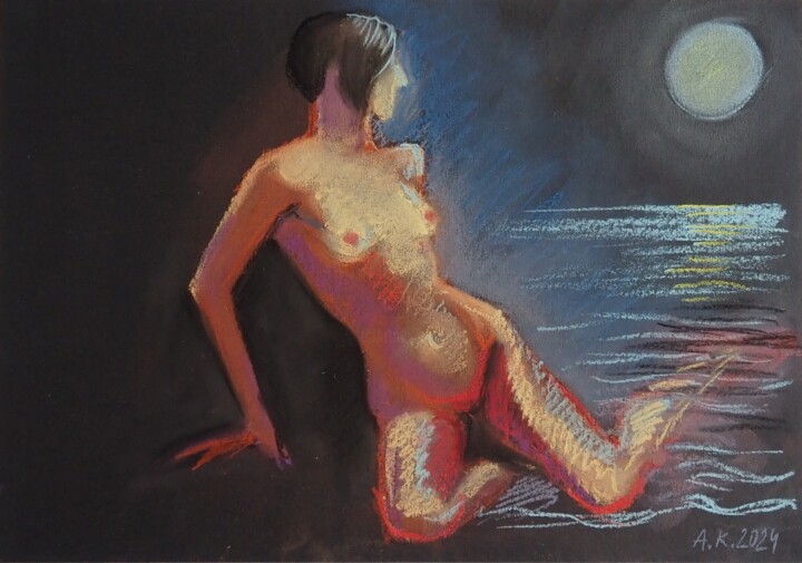 Dessin intitulée "Night Swim" par Alfia Kircheva, Œuvre d'art originale, Pastel