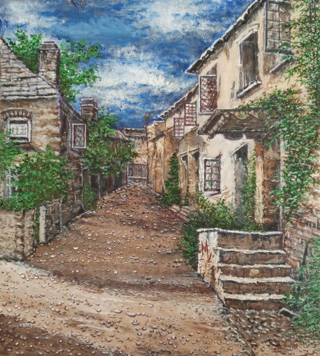 Painting titled "Village Serenity" by Alfiyah Vj, Original Artwork, Acrylic